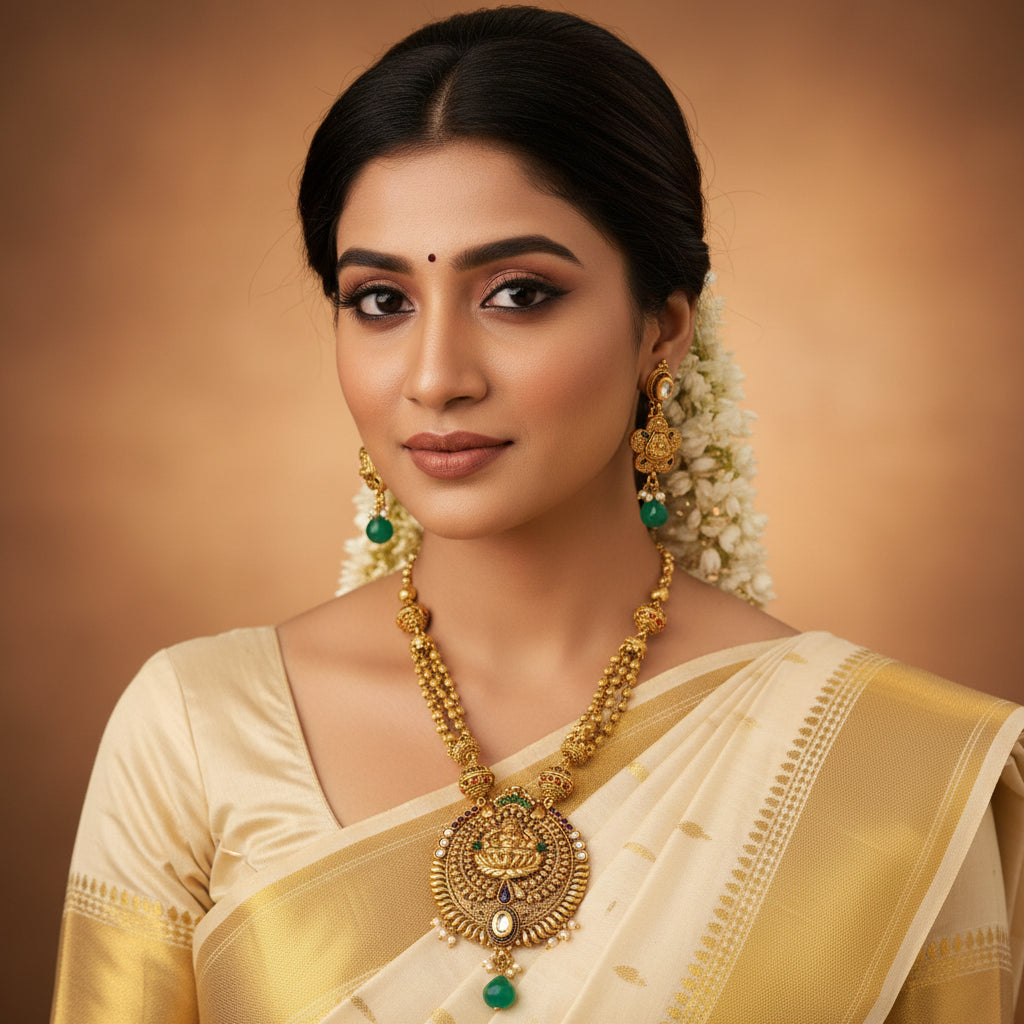 Gold-toned traditional Indian jewelry set featuring a detailed necklace with a large ornate pendant and matching drop earrings, accented with green stones and small white stones, displayed on a dark reflective surface. The brand logo 'SAHELL' is visible in the top right corner.