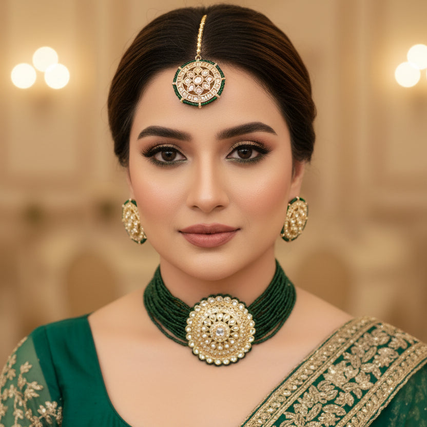 Jewelry set with green beaded necklace and gold brooches on a dark background