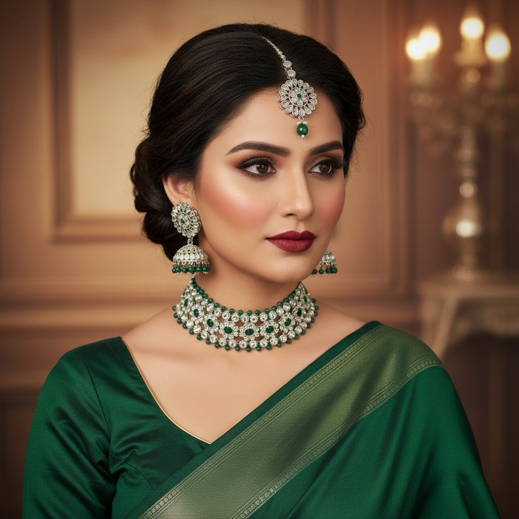 Jewelry set with earrings, necklace, and ring on a dark background