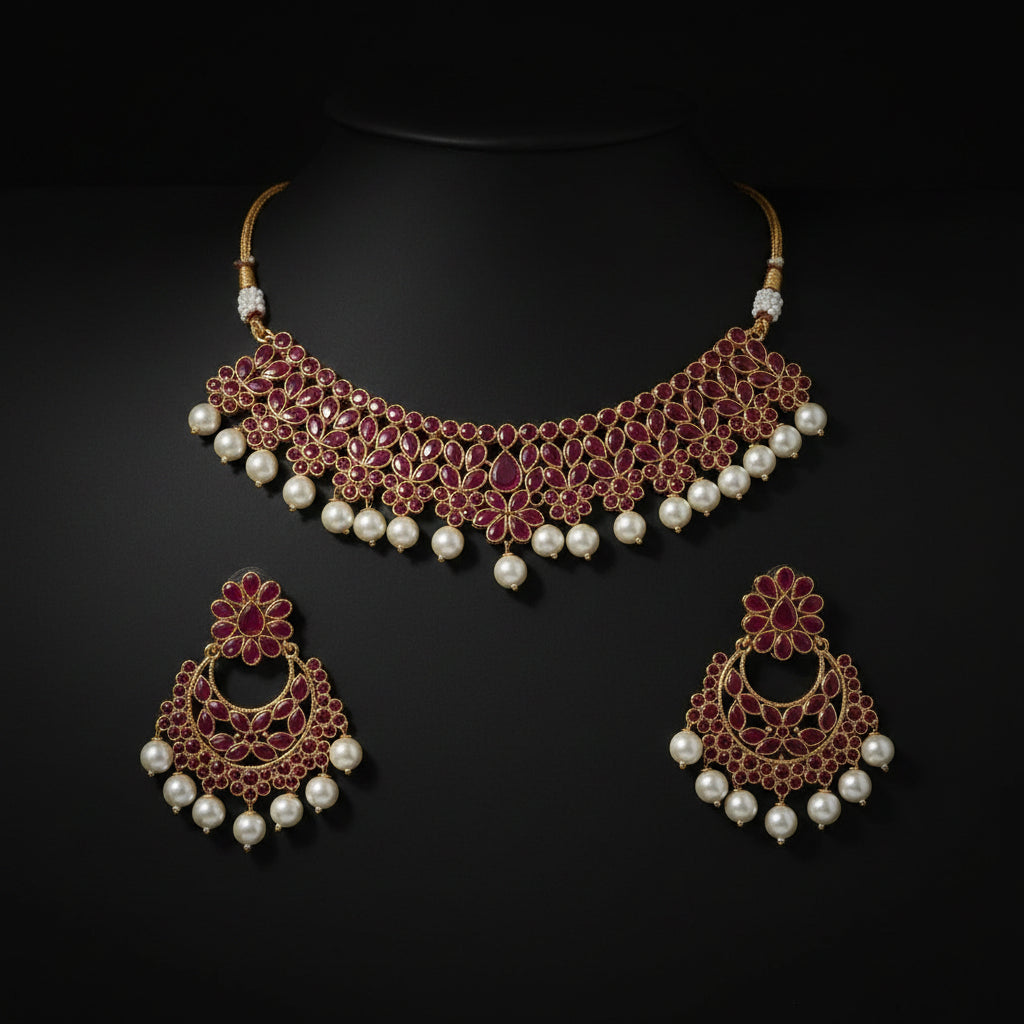 Gold-plated Indian traditional jewelry set featuring a choker necklace and matching earrings, embellished with pinkish-red enamel, white faux pearls, and gold details, displayed on a dark reflective surface.
