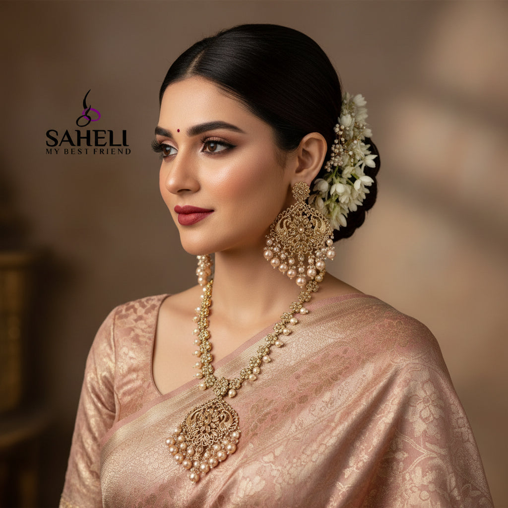 Gold-toned traditional Indian jewelry set including a necklace and matching earrings with intricate filigree work and dangling pearl-like beads, displayed on a dark reflective surface. The brand name 'SAHELL MYSTERY STORE' is visible in the upper left.