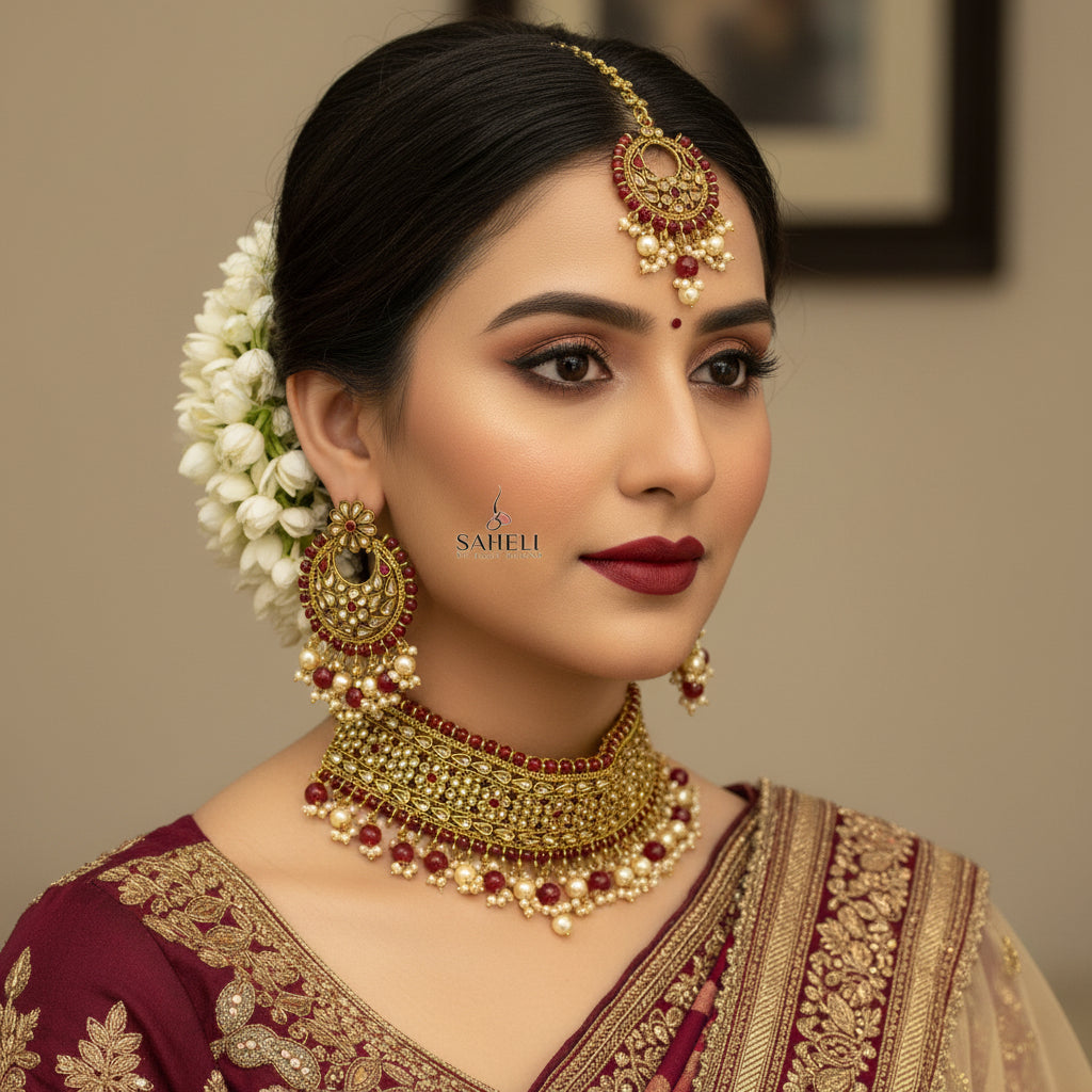An ornate gold-toned traditional necklace set with a rectangular choker, matching dangling earrings, and yellow cords, decorated with gold beads, white pearls, and deep red stones, displayed on a dark reflective surface. The brand logo 'SAHELLI' is visible in the top left corner.