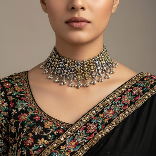Necklace with gold and silver chain and bead details on a gray background
