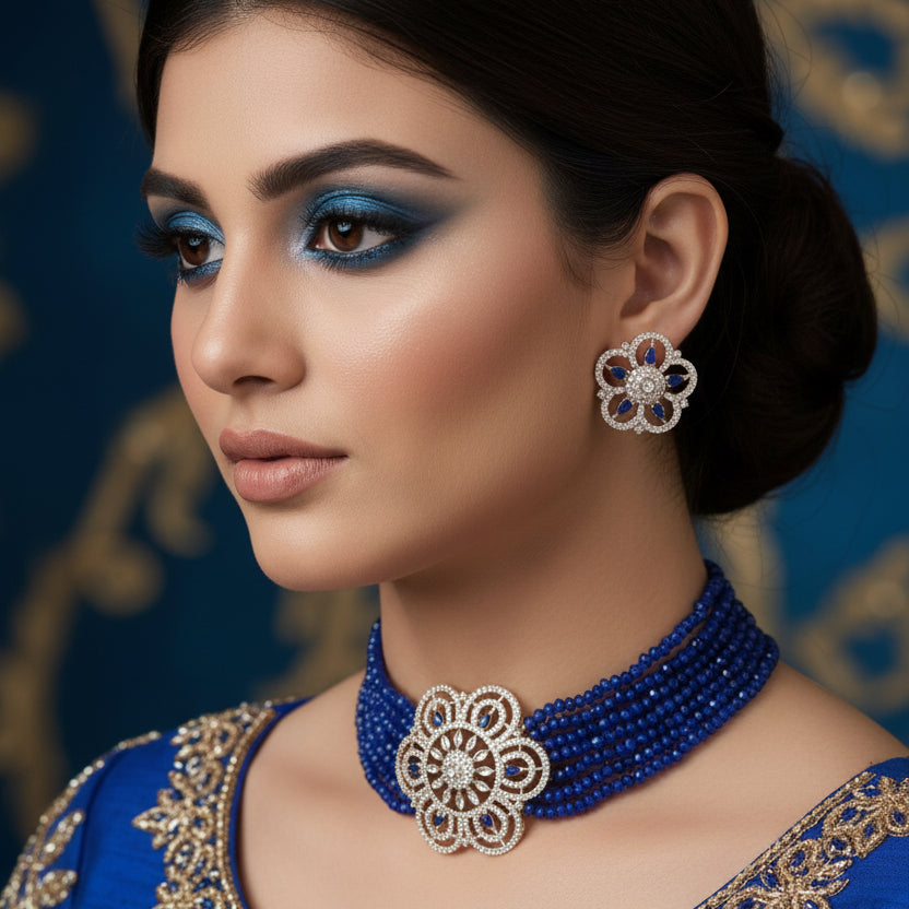 Blue beaded necklace with silver floral pendants on a dark surface