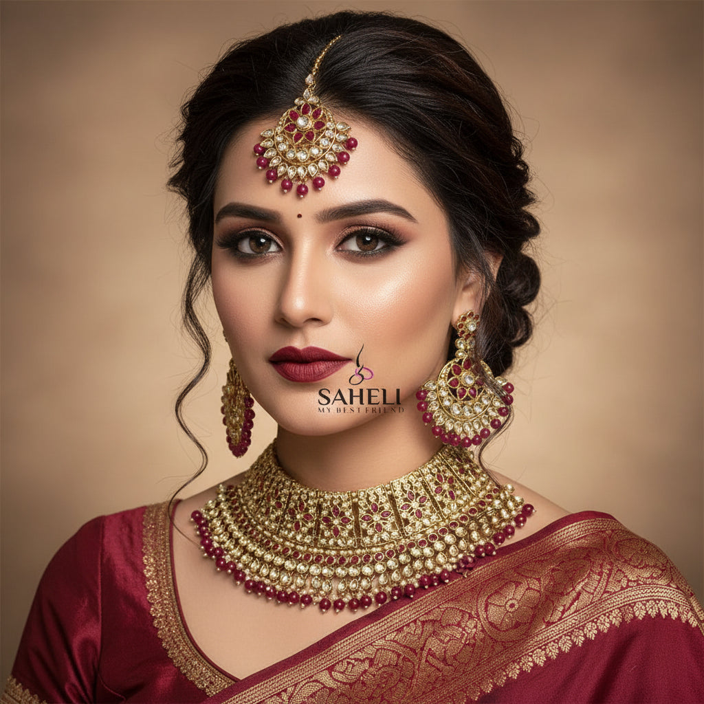 Gold-plated Indian traditional jewelry set including a choker necklace, matching earrings, and a maang tikka, embellished with white stones and deep pinkish-red beads, displayed on a dark gray background with the brand name SAHELI visible.