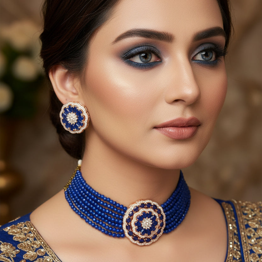 Blue beaded necklace and earrings on a gray background