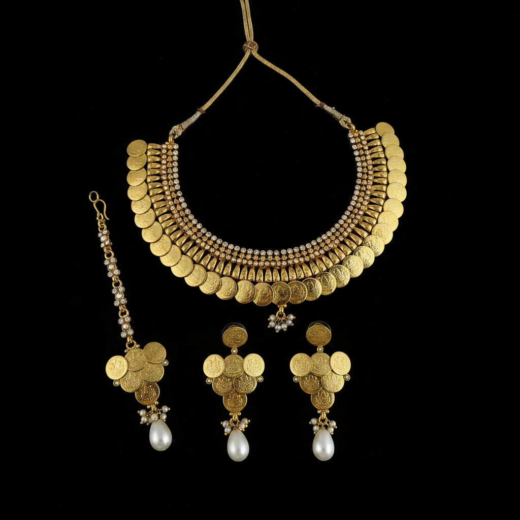 Gold coin choker necklace set with matching earrings and a maang tikka, featuring gold coins, pearl-like beads, and silver-toned accents, displayed on a dark reflective surface with the brand logo 'SAHeli My Best Friend' in the top left.