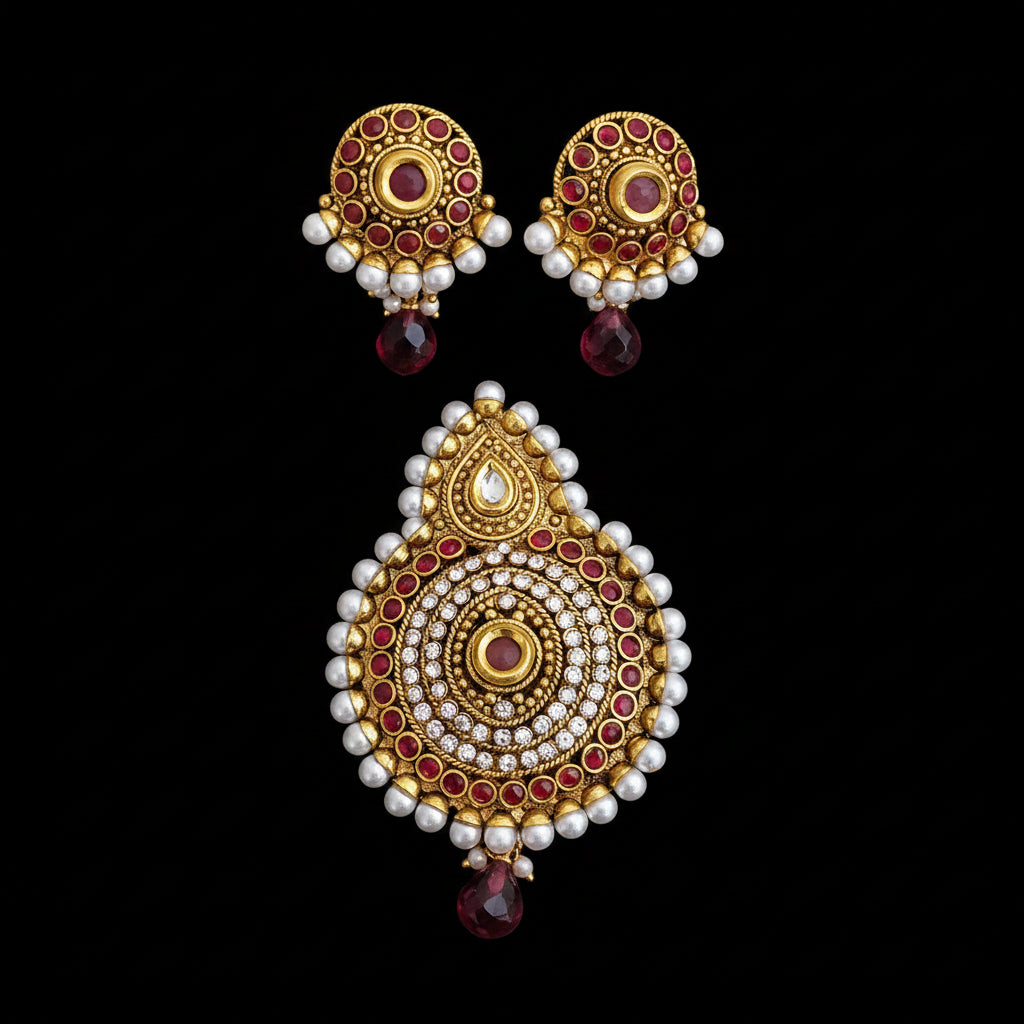 Ornate gold and red earrings with pearls on a gray background, branded 'Saheli'.