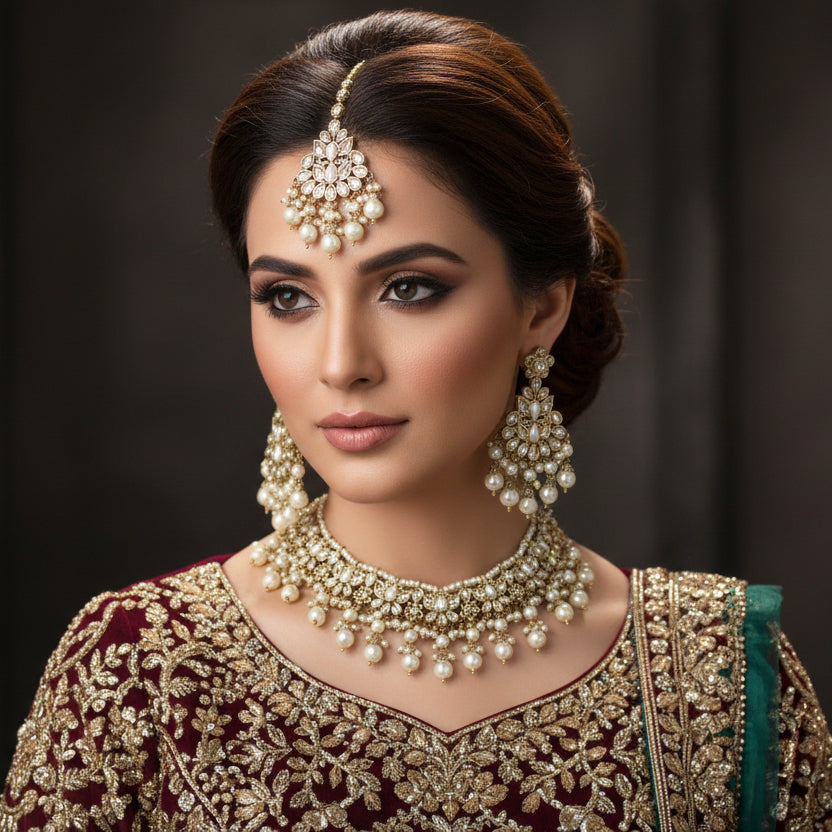 Pearl and gold jewelry set including a necklace, earrings, and a choker on a dark background.