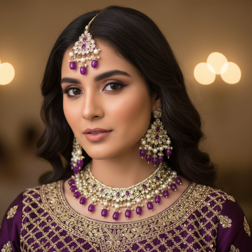 Ornate necklace with purple stones on a dark background