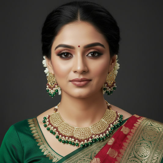 Ornate necklace with matching earrings on a dark background