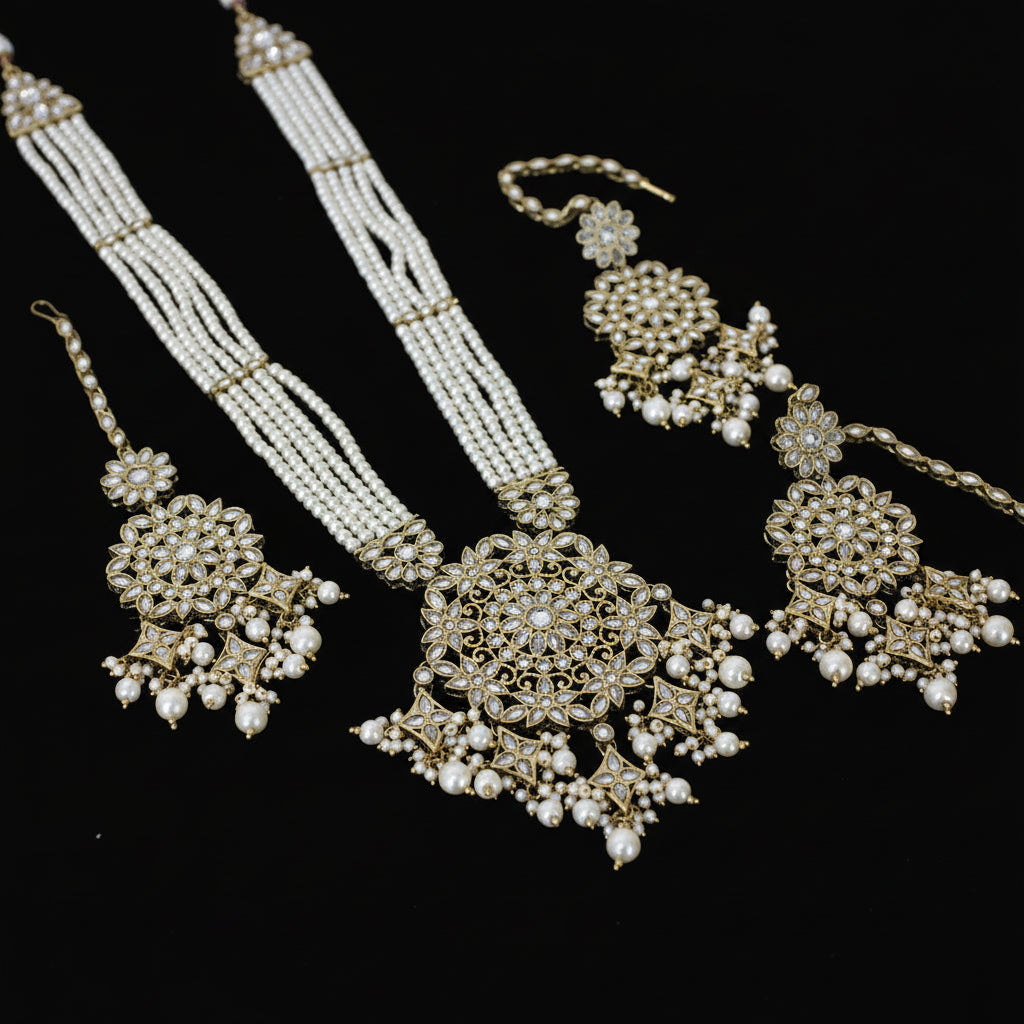 Ornate necklace and earrings set with pearls on a dark background, branded 'Saheli'.