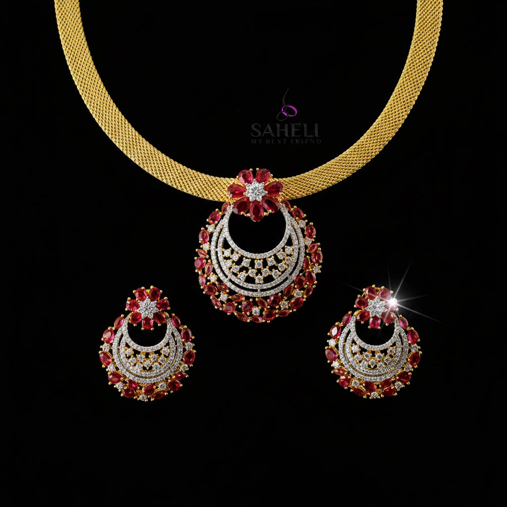 Jewelry set with necklace and earrings on a black background, featuring the brand 'Saheli'.