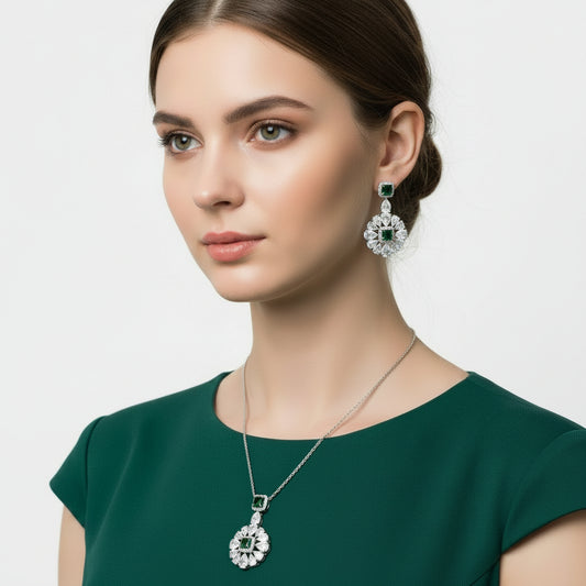 Jewelry set with pendants and earrings on a black background