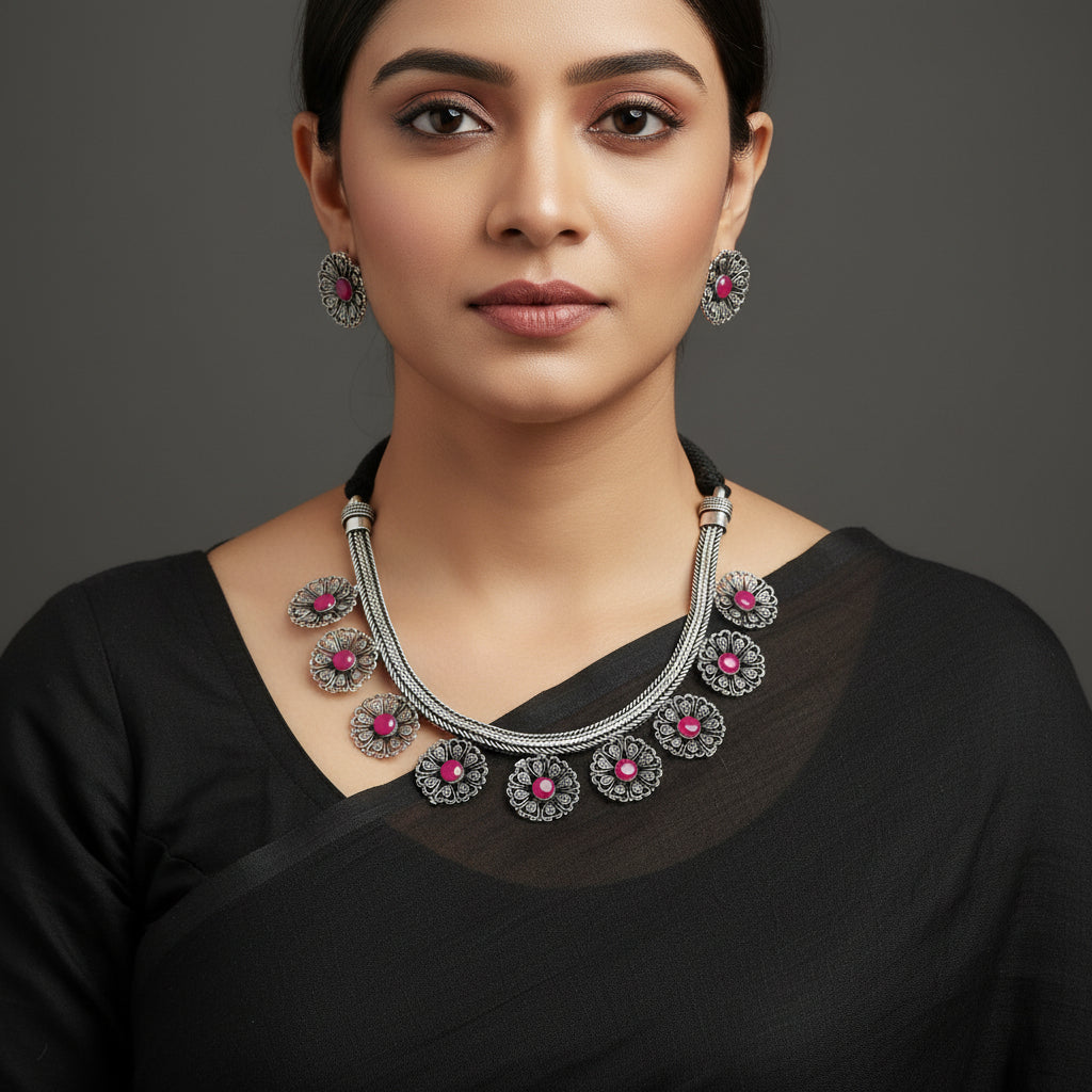 Silver necklace with floral pendants featuring pink stones on a gray background