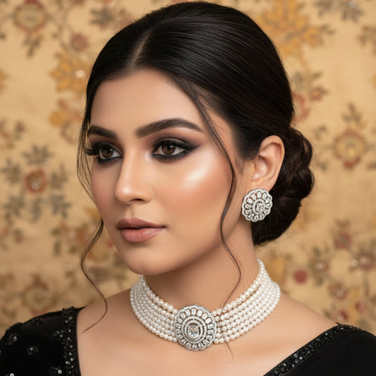 Pearl necklace with matching earrings on a dark background