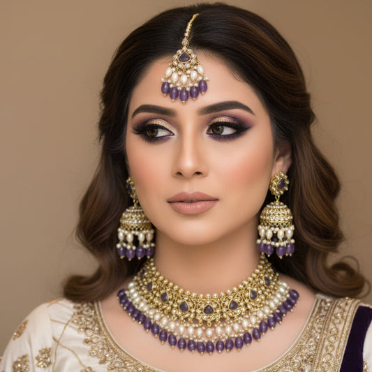 Jewelry set with necklace, earrings, and tikka on a dark background