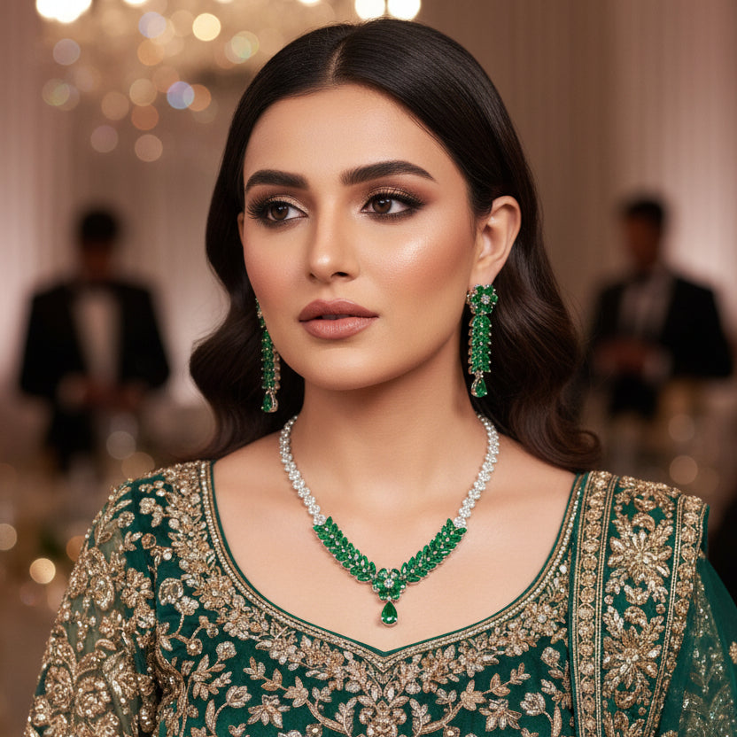 Jewelry set with necklace and earrings featuring green gemstones on a dark background