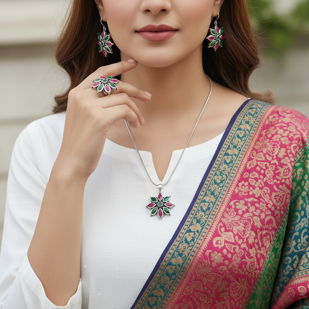 Jewelry set with floral designs on a gray background