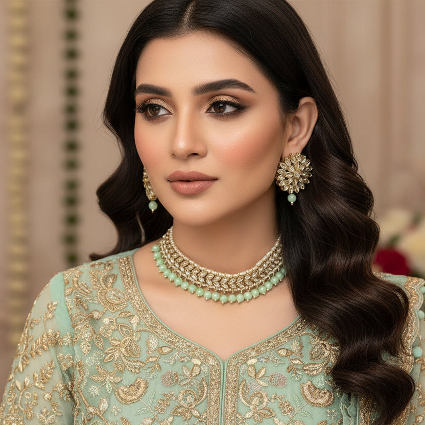 Gold necklace with green beads and matching earrings on a black background