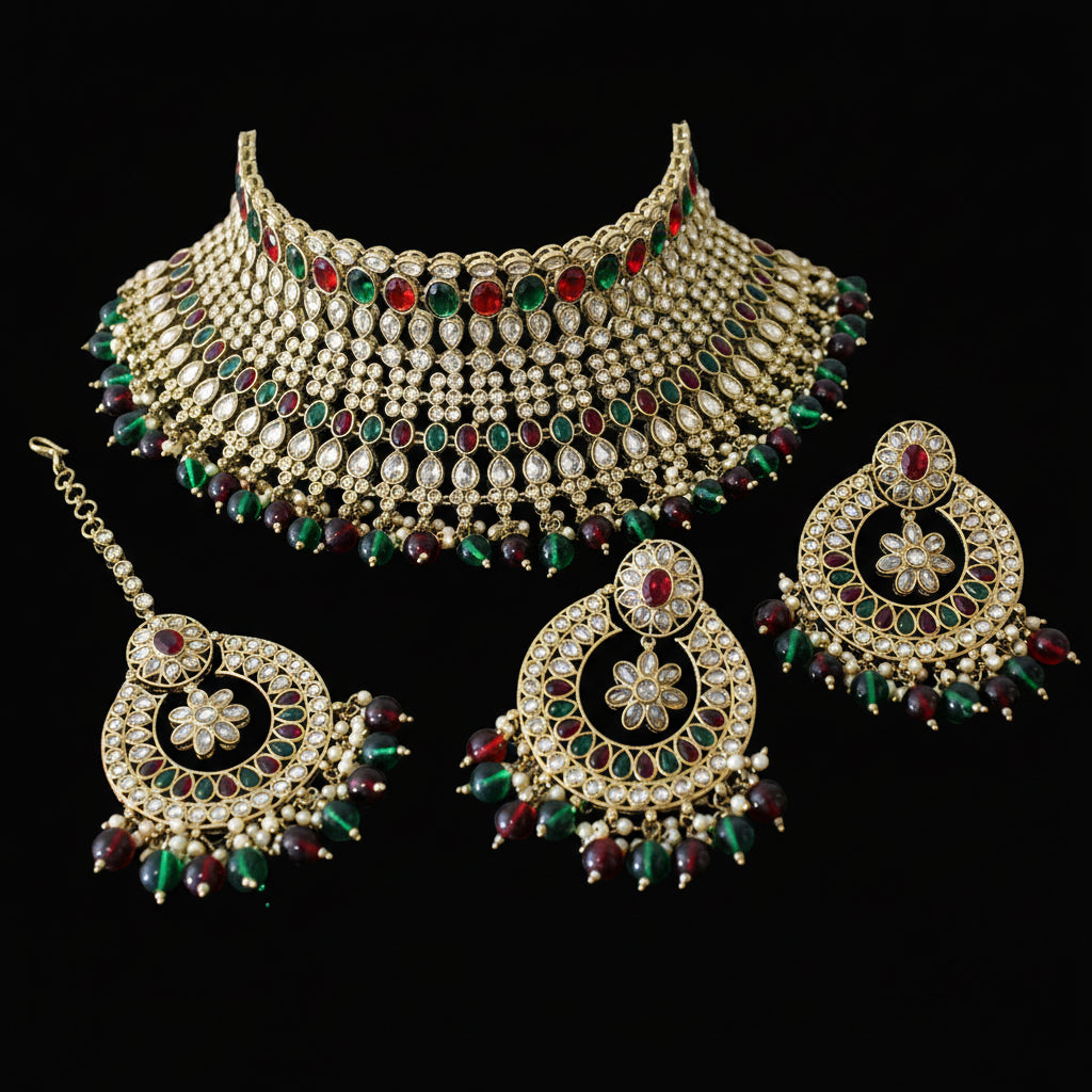 Ornate gold jewelry set with green and red stones on a dark background, featuring the brand 'Saheli'.