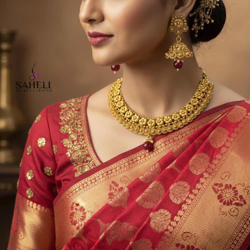 Gold necklace and earrings with red stones on a dark background, featuring the brand 'Saheli'.