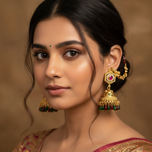 Woman wearing traditional gold earrings with a blurred brown background