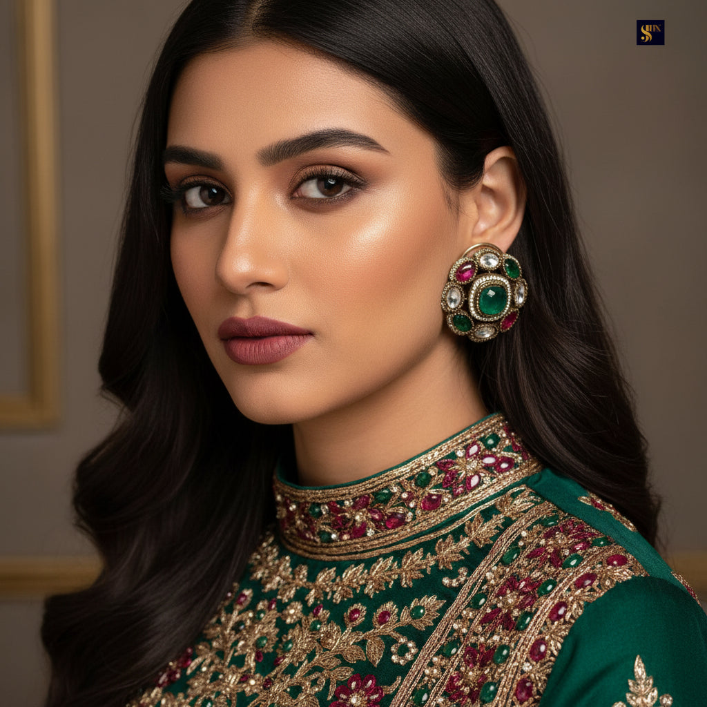 Decorative earrings with gemstones on a light gray background, SJNX-CODE-R-135.