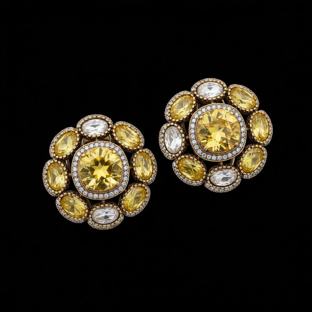 Pair of ornate earrings with green gemstones and 'SJNX-CODE-R-135' text on a light gray background.